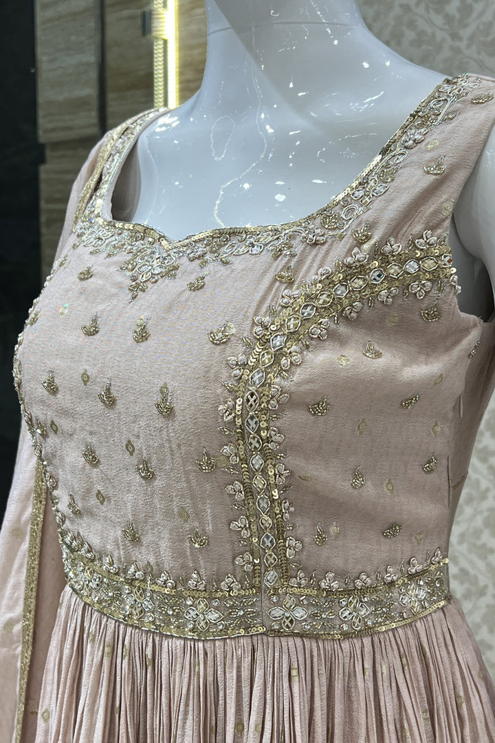 Beige Beads, Sequins, Thread and Banaras work Floor Length Anarkali Suit