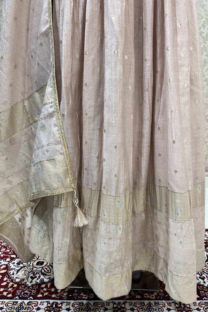 Beige Beads, Sequins, Thread and Banaras work Floor Length Anarkali Suit