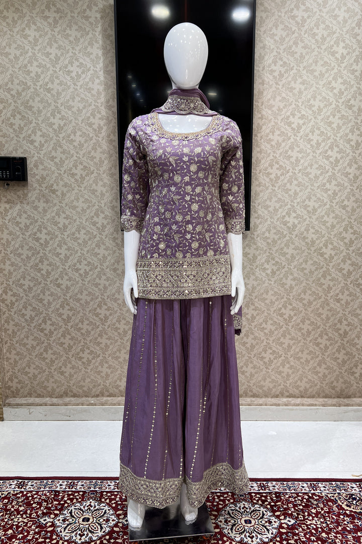 Lavender Silver Zari, Sequins, Beads, Pearl, Mirror and Zardozi work Palazzo Salwar Suit