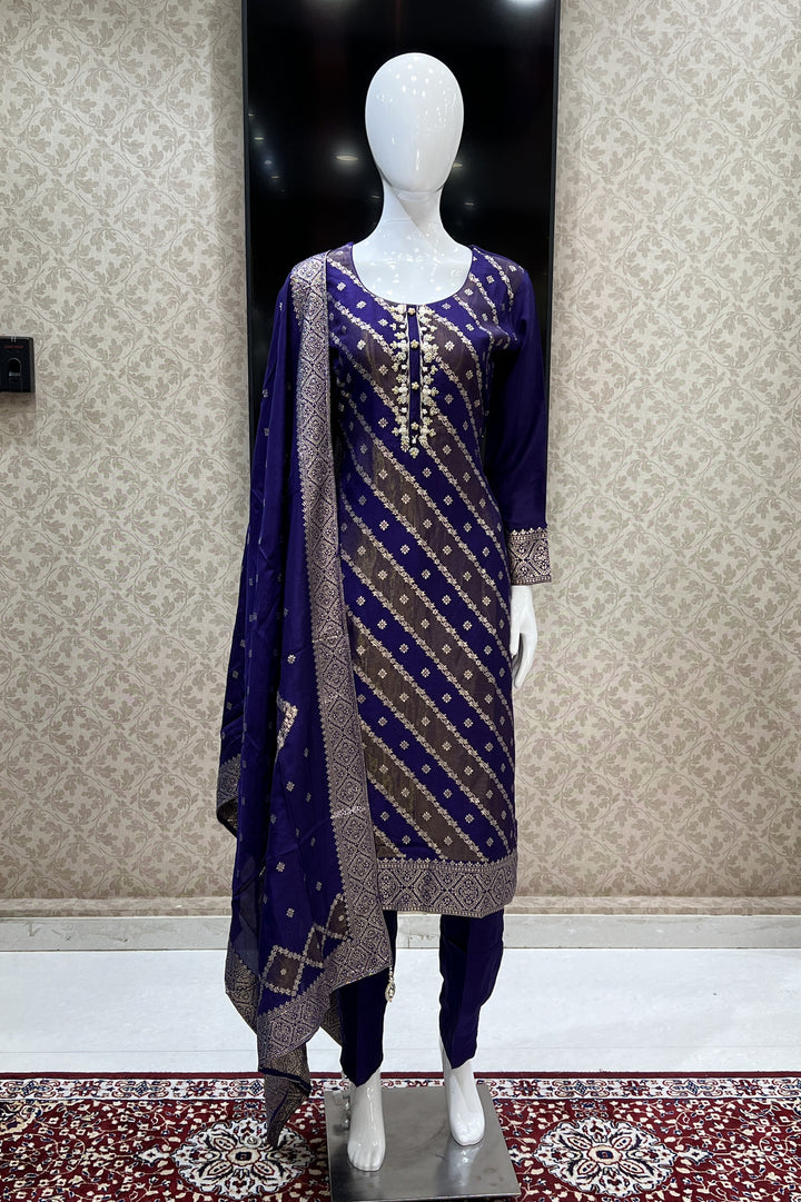 Purple Banaras, Zardozi, Pearl and Beads work Straight Cut Salwar Suit