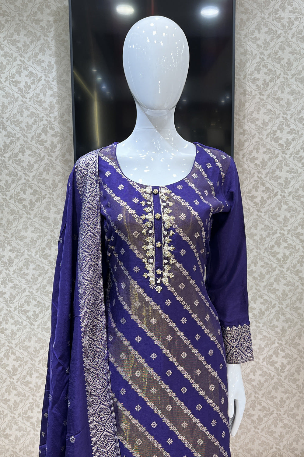 Purple Banaras, Zardozi, Pearl and Beads work Straight Cut Salwar Suit