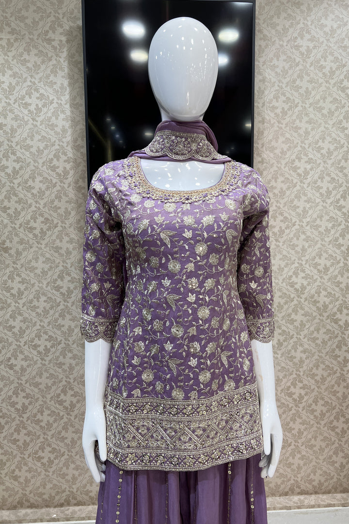 Lavender Silver Zari, Sequins, Beads, Pearl, Mirror and Zardozi work Palazzo Salwar Suit