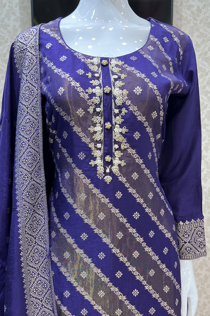 Purple Banaras, Zardozi, Pearl and Beads work Straight Cut Salwar Suit