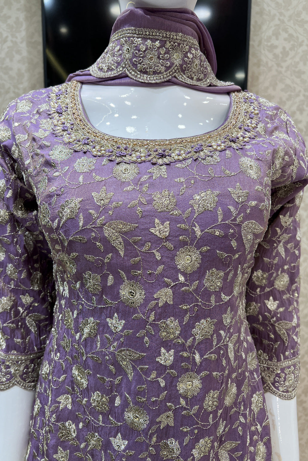 Lavender Silver Zari, Sequins, Beads, Pearl, Mirror and Zardozi work Palazzo Salwar Suit