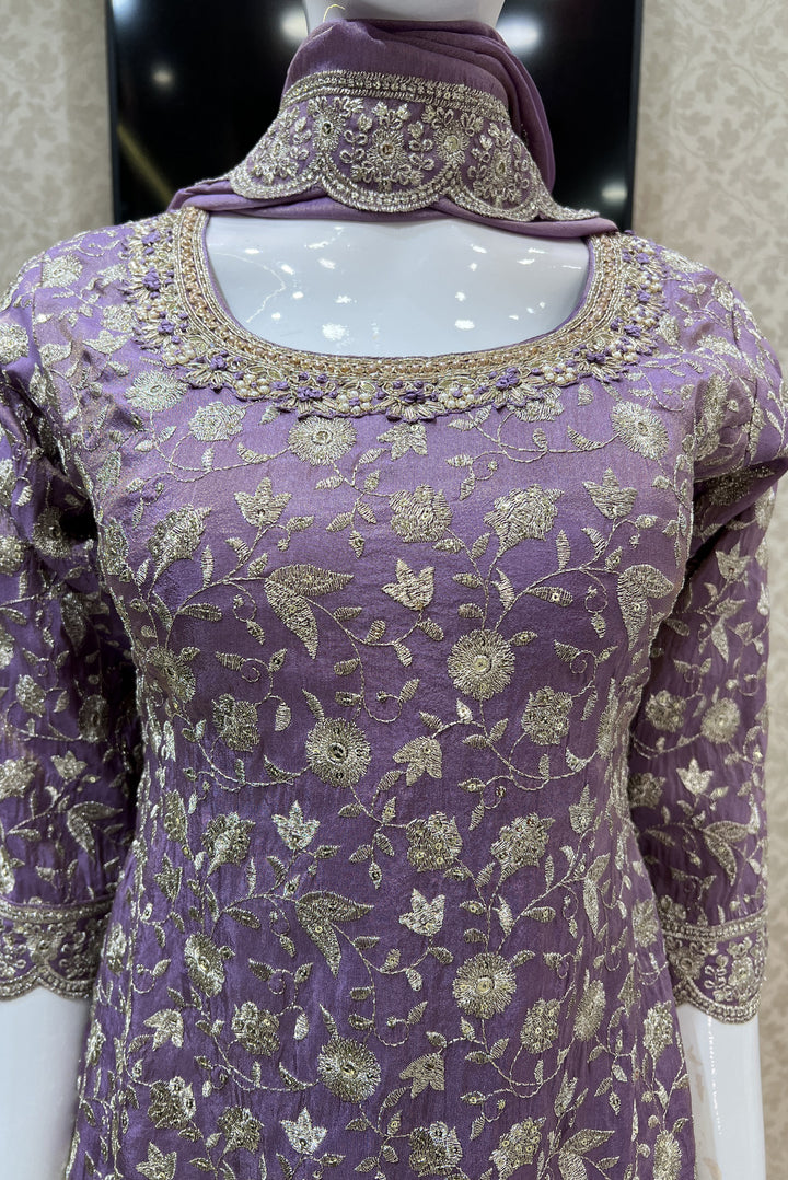 Lavender Silver Zari, Sequins, Beads, Pearl, Mirror and Zardozi work Palazzo Salwar Suit