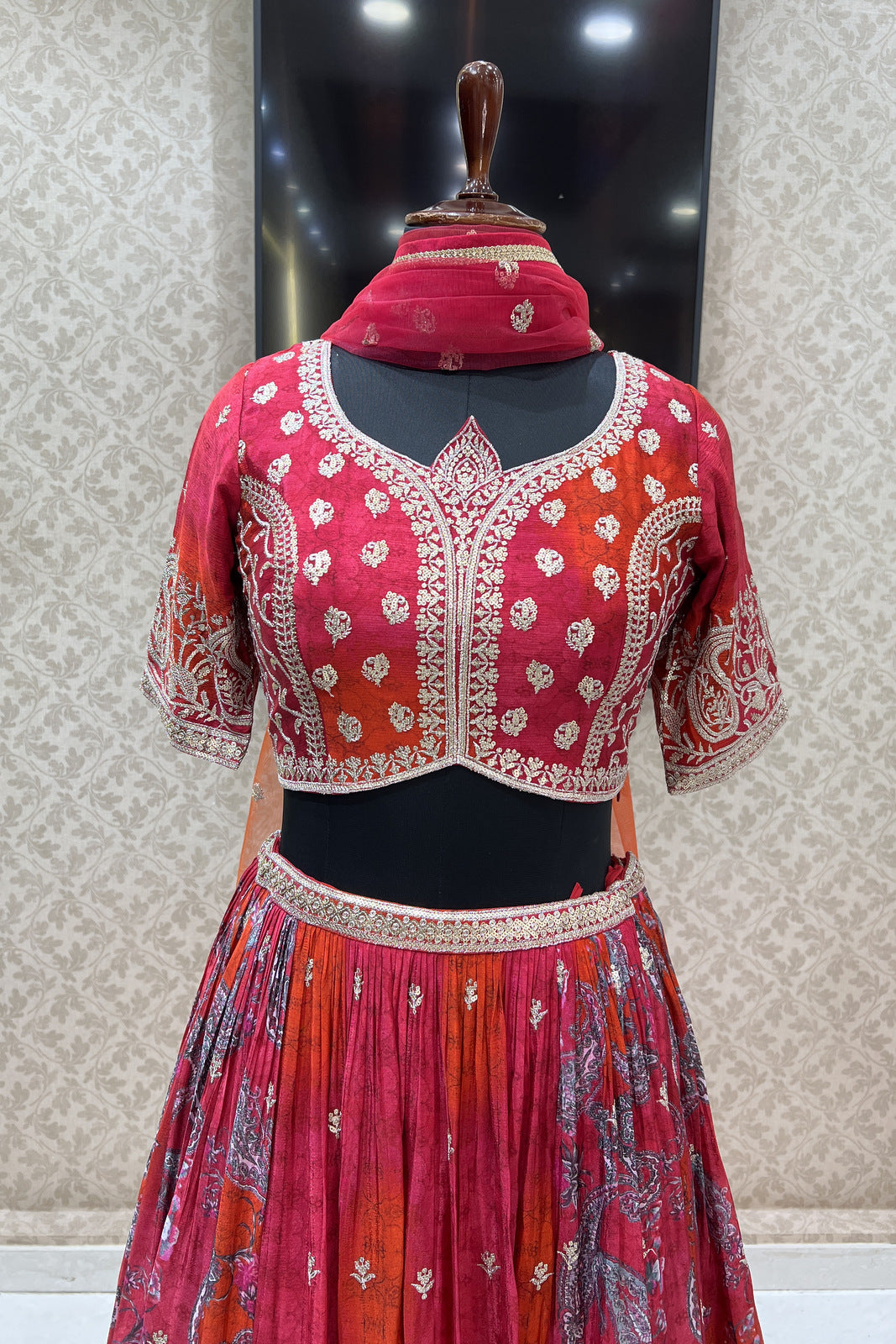 Tomato Red Sequins and Zari work with Digital Print Crop Top Lehenga