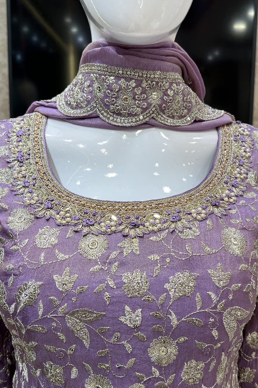 Lavender Silver Zari, Sequins, Beads, Pearl, Mirror and Zardozi work Palazzo Salwar Suit