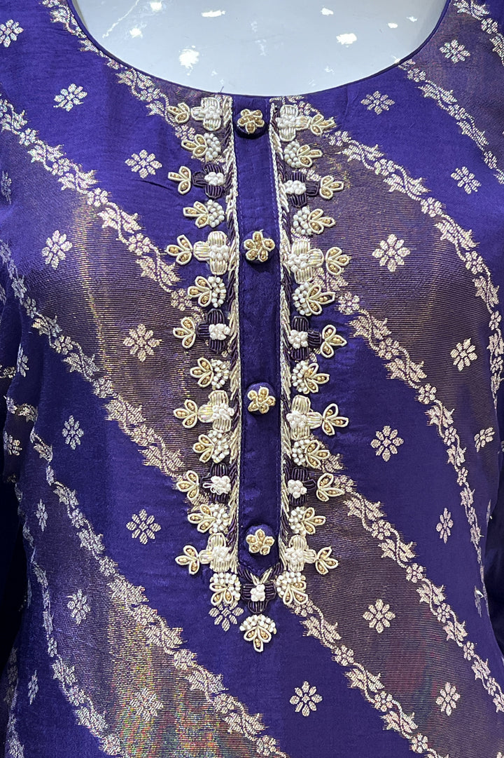 Purple Banaras, Zardozi, Pearl and Beads work Straight Cut Salwar Suit