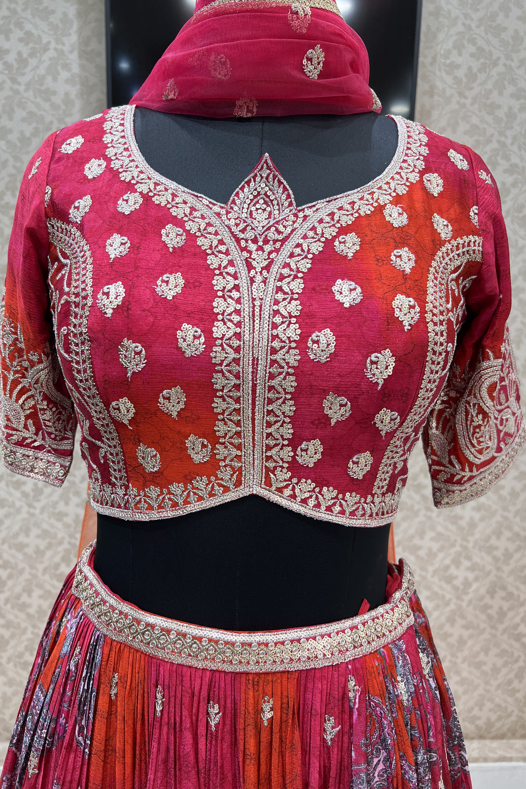 Tomato Red Sequins and Zari work with Digital Print Crop Top Lehenga