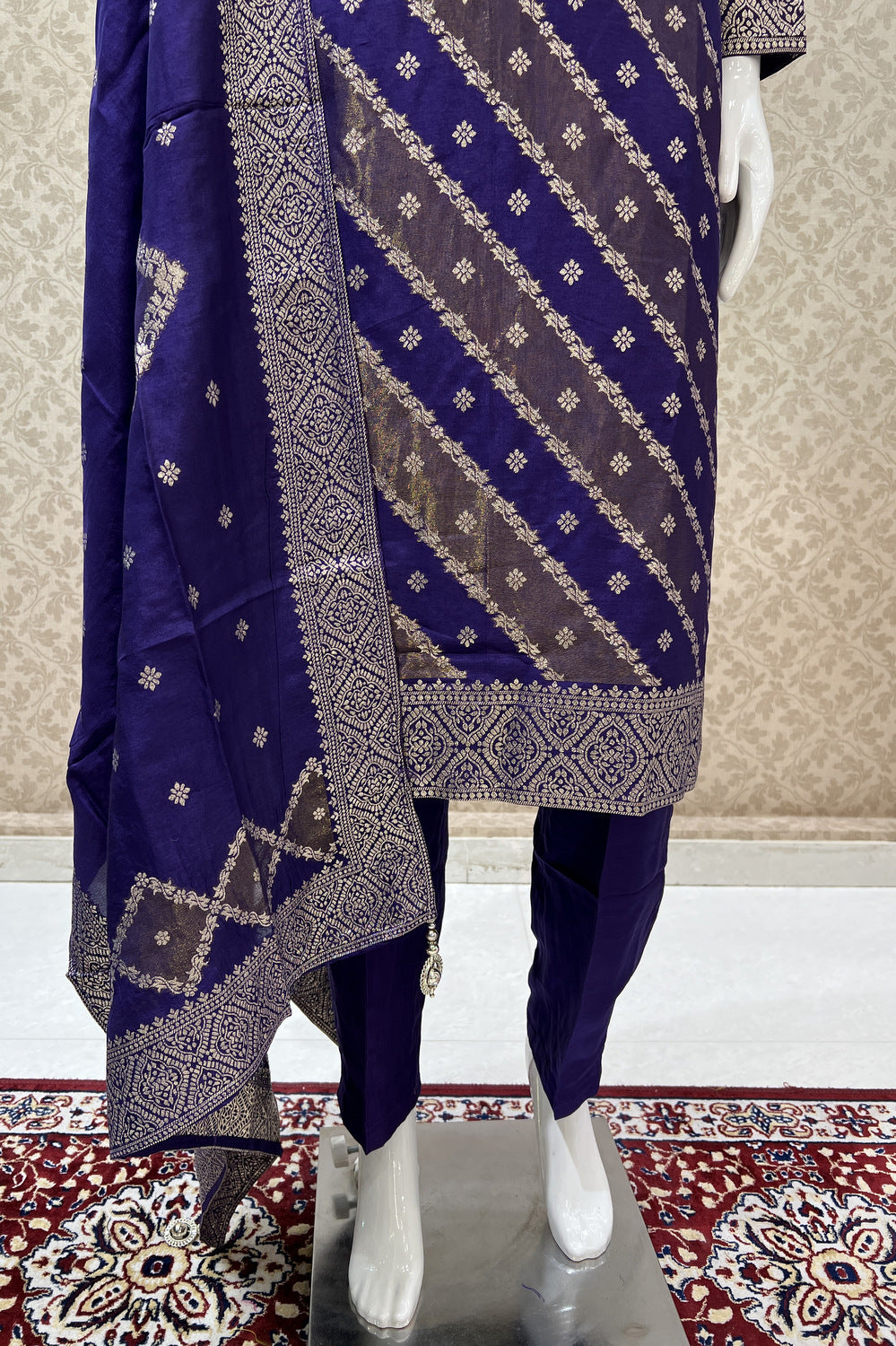 Purple Banaras, Zardozi, Pearl and Beads work Straight Cut Salwar Suit