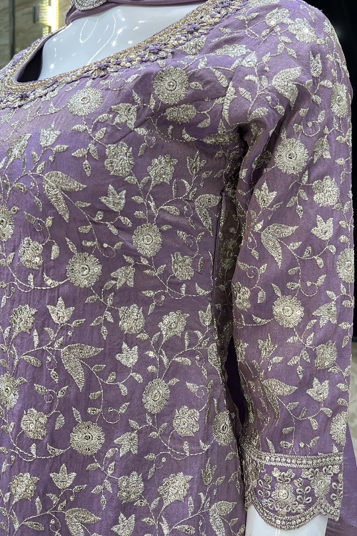 Lavender Silver Zari, Sequins, Beads, Pearl, Mirror and Zardozi work Palazzo Salwar Suit