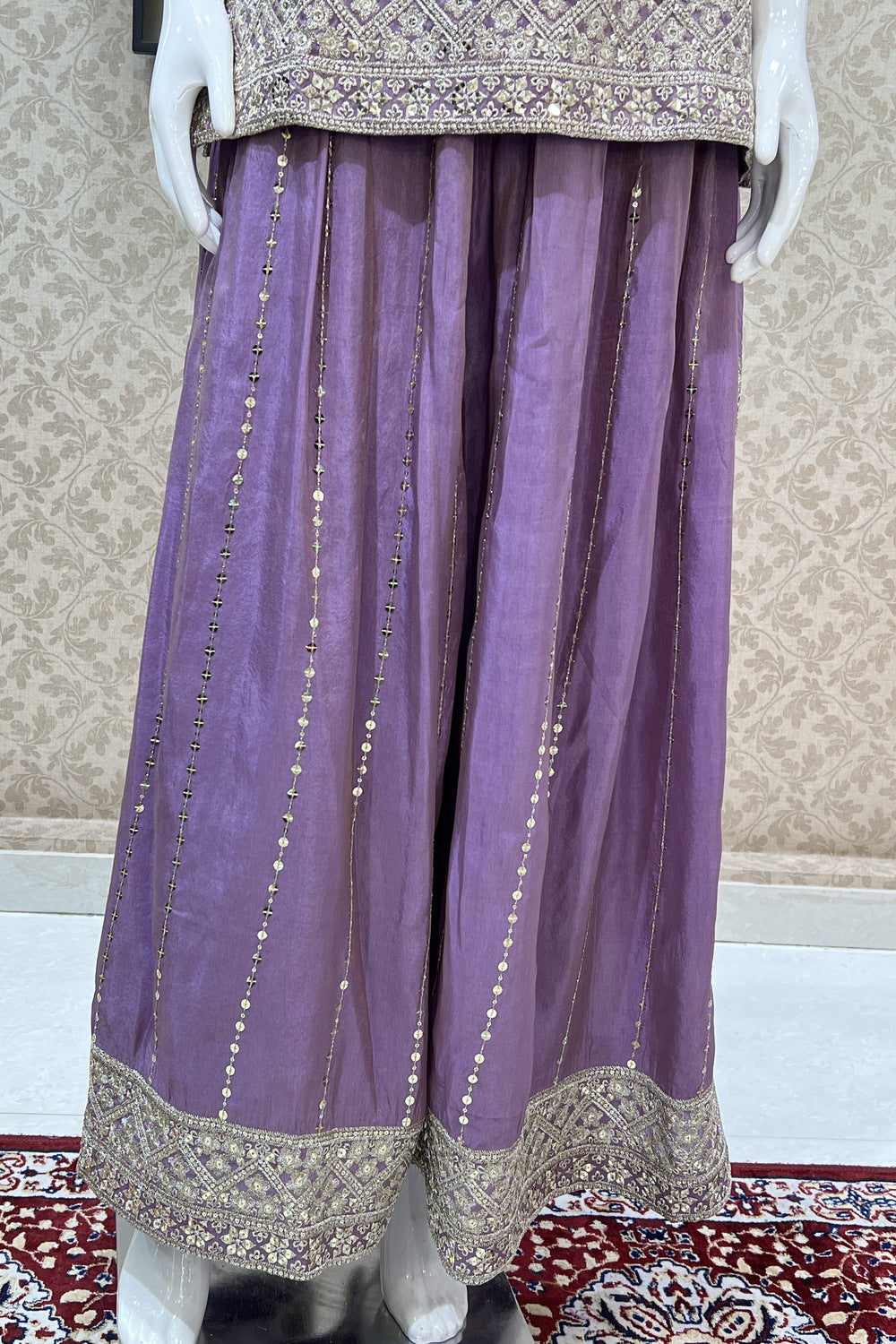 Lavender Silver Zari, Sequins, Beads, Pearl, Mirror and Zardozi work Palazzo Salwar Suit