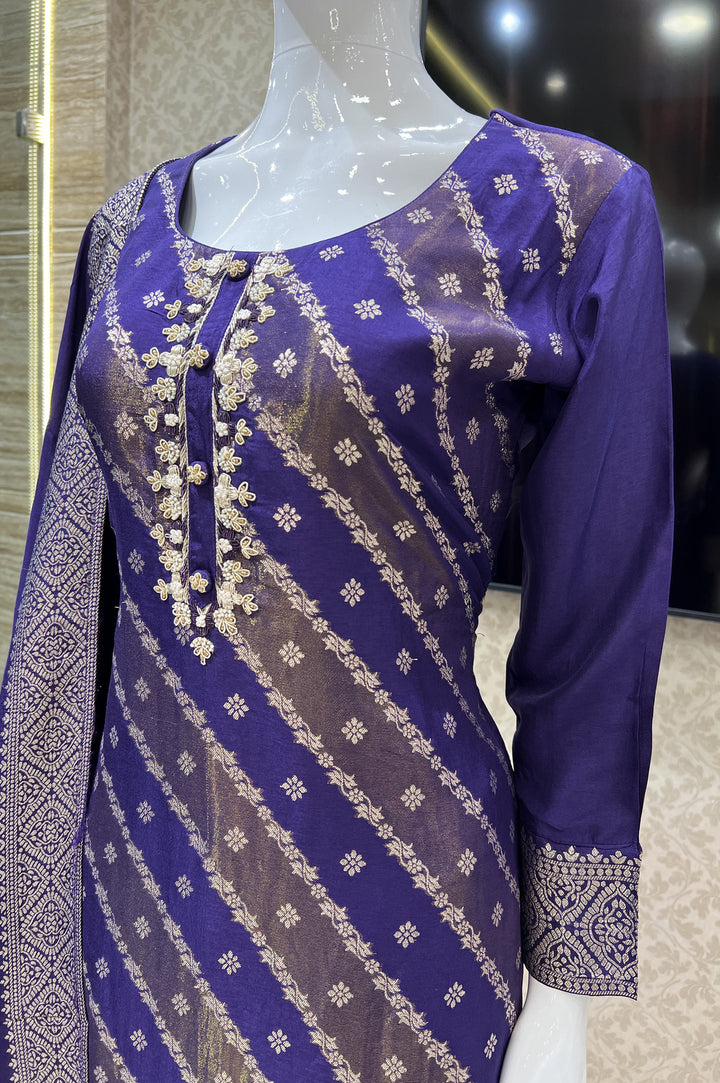 Purple Banaras, Zardozi, Pearl and Beads work Straight Cut Salwar Suit