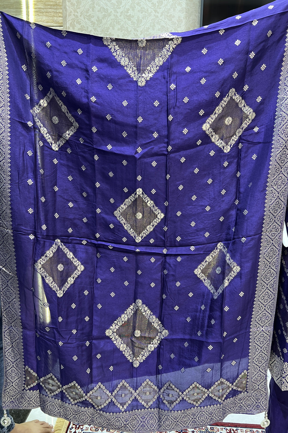 Purple Banaras, Zardozi, Pearl and Beads work Straight Cut Salwar Suit