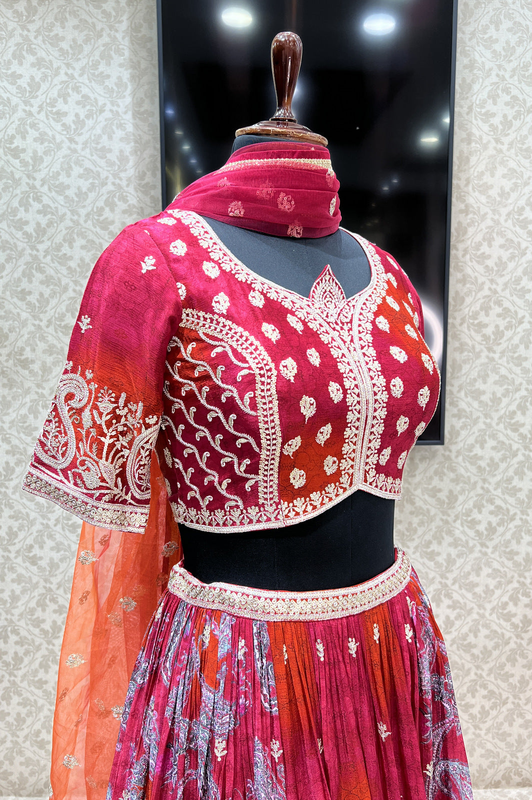 Tomato Red Sequins and Zari work with Digital Print Crop Top Lehenga