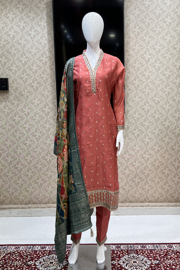 Brick Sequins, Thread and Zari work Straight Cut Salwar Suit with Digital Print Dupatta