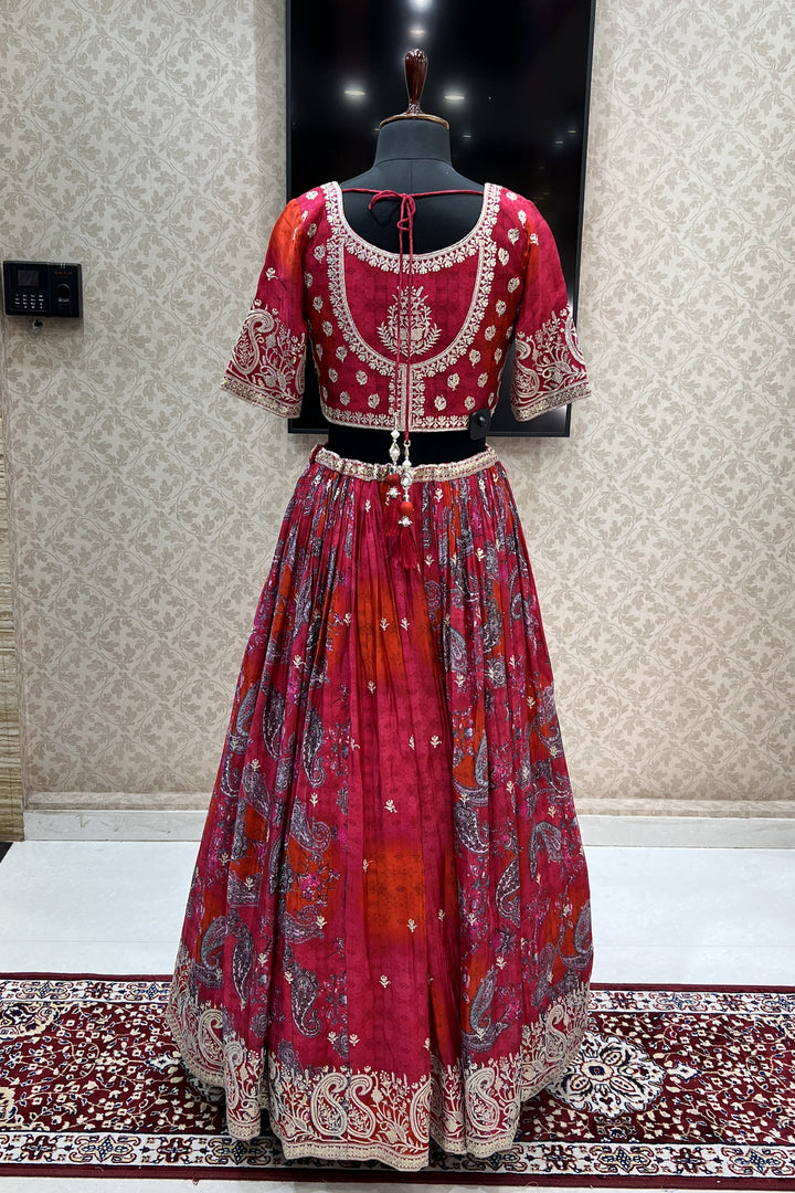 Tomato Red Sequins and Zari work with Digital Print Crop Top Lehenga