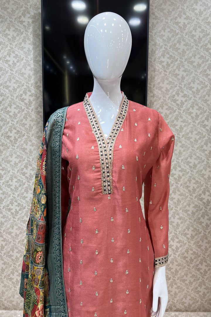 Brick Sequins, Thread and Zari work Straight Cut Salwar Suit with Digital Print Dupatta