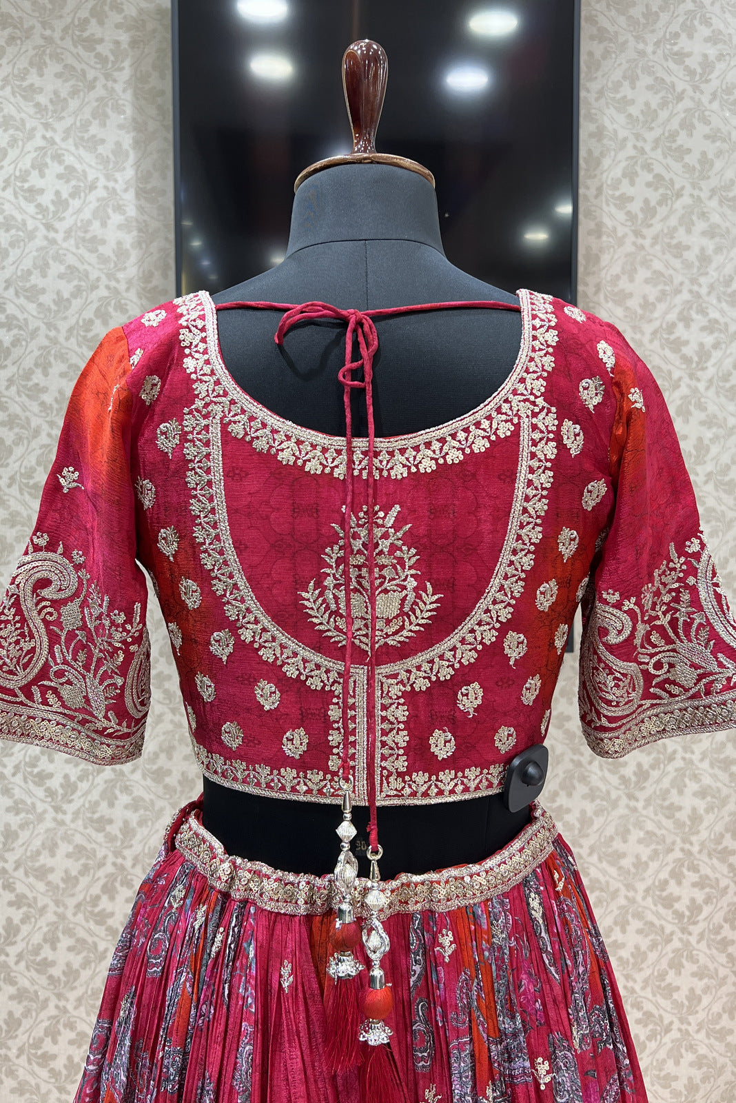 Tomato Red Sequins and Zari work with Digital Print Crop Top Lehenga