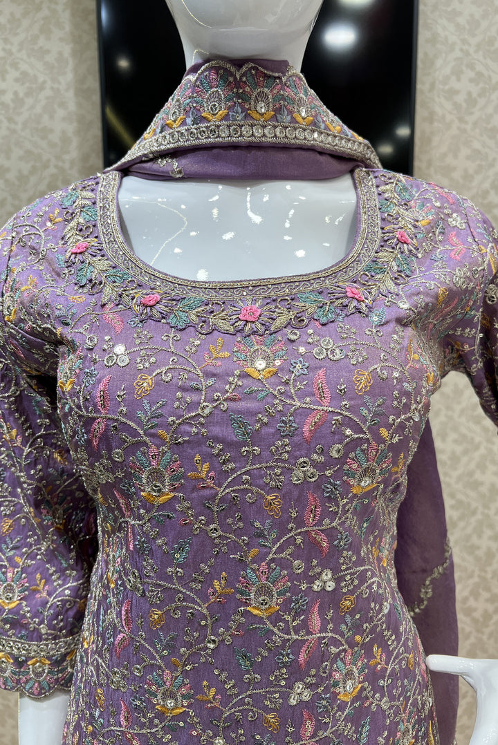 Lilac Multicolor Thread, Zari, Zardozi, Stone and Sequins work Palazzo Salwar Suit