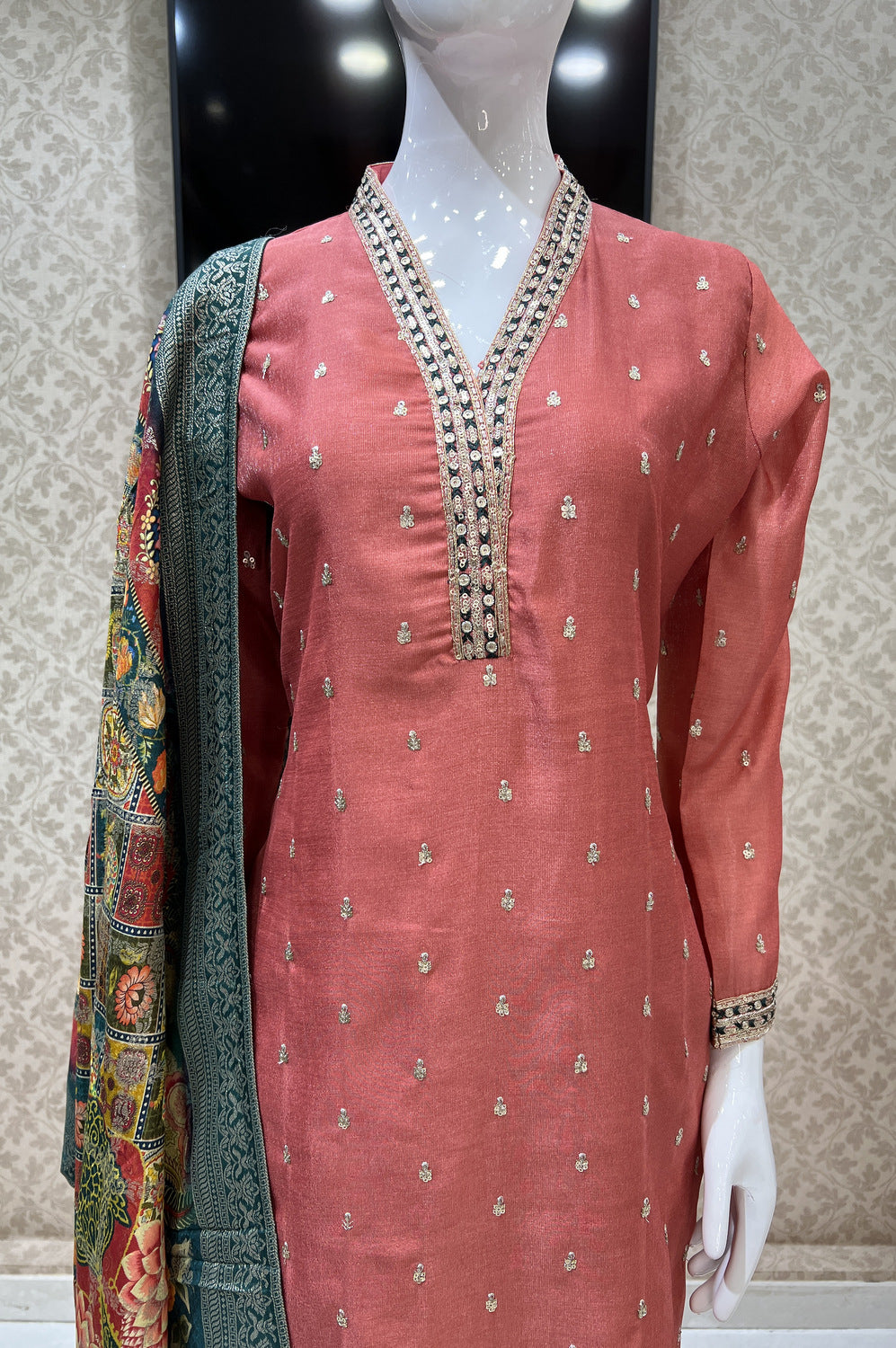 Brick Sequins, Thread and Zari work Straight Cut Salwar Suit with Digital Print Dupatta