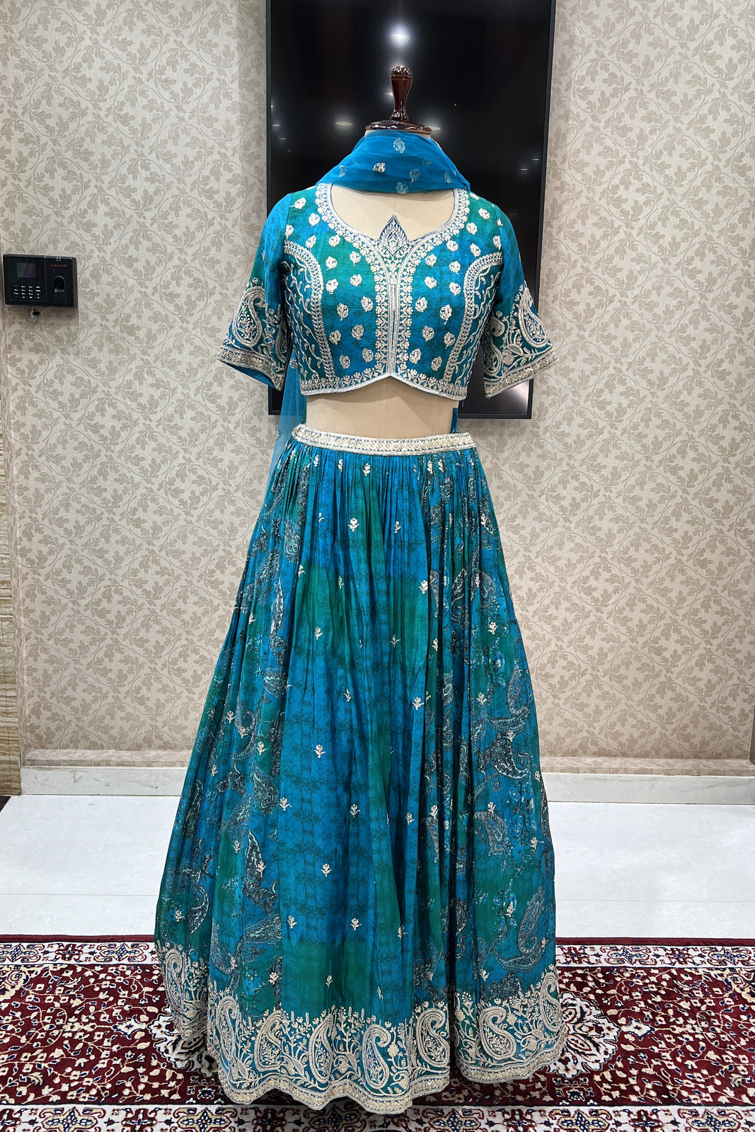 Peacock Blue with Green Sequins and Zari work with Digital Print Crop Top Lehenga