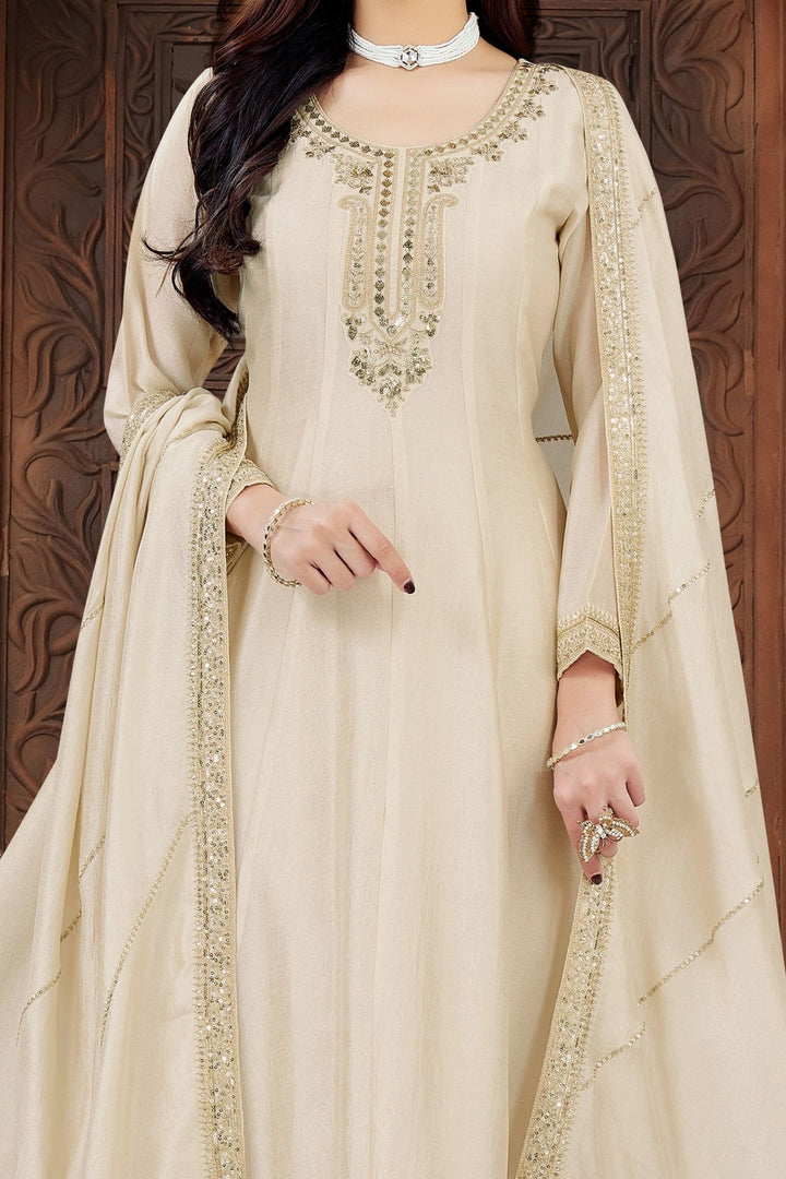 Cream Sequins, Beads and Zari work Anarkali Style Salwar