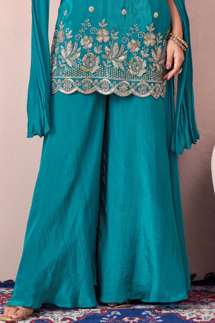 Rama Blue Sequins, Zari, Beads and Stone work Palazzo Salwar Suit
