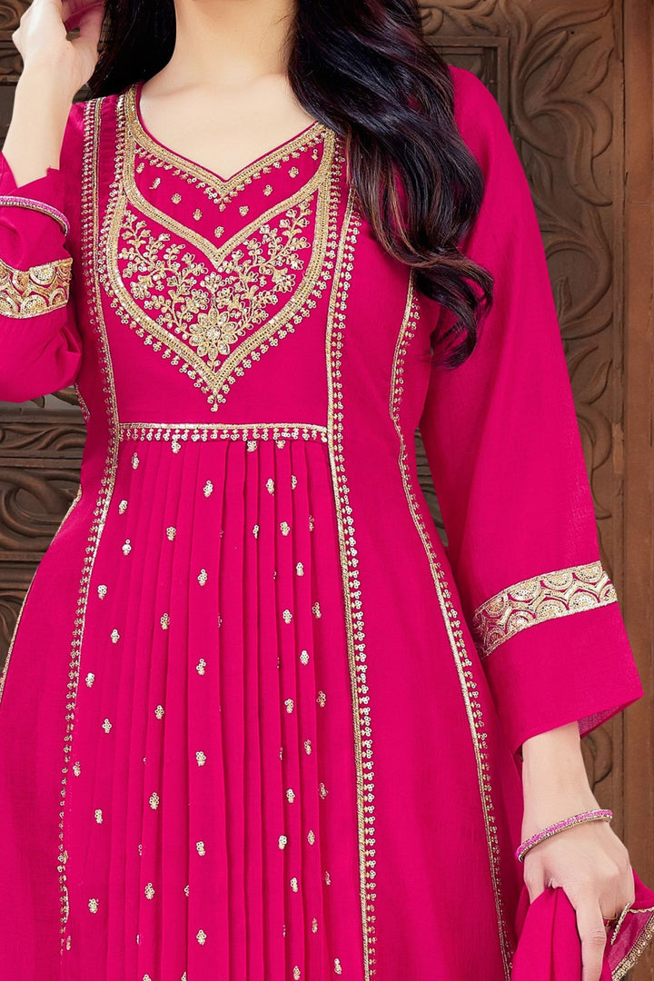 Dark Pink Sequins and Zari work A-line Cut Salwar Suit