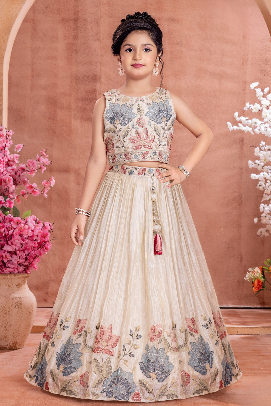 Beige Stone, Multicolor Thread and Zari Thread work Lehenga Choli for Girls