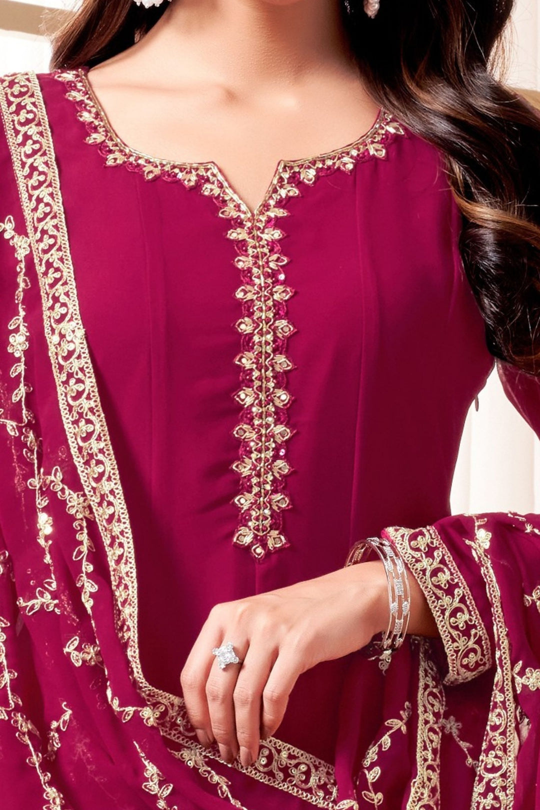 Rani Pink Stone, Sequins, Zardozi, Zari and Beads work A-line Cut Salwar Suit