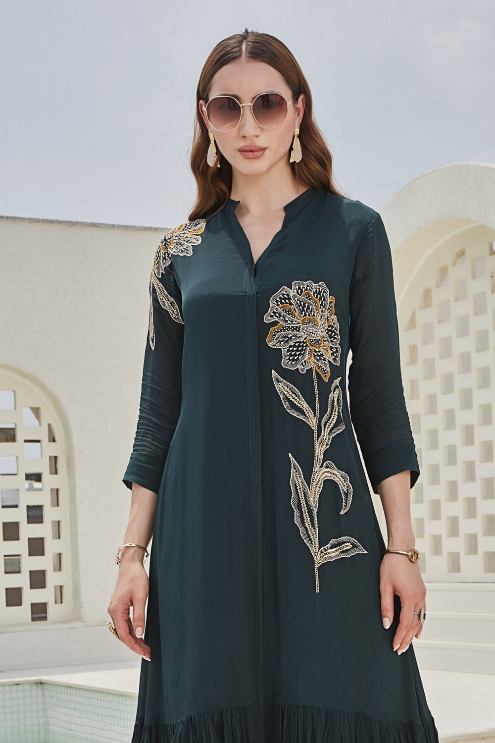 Bottle Green Sequins, Thread and Beads work Anarkali Styled Long Kurti