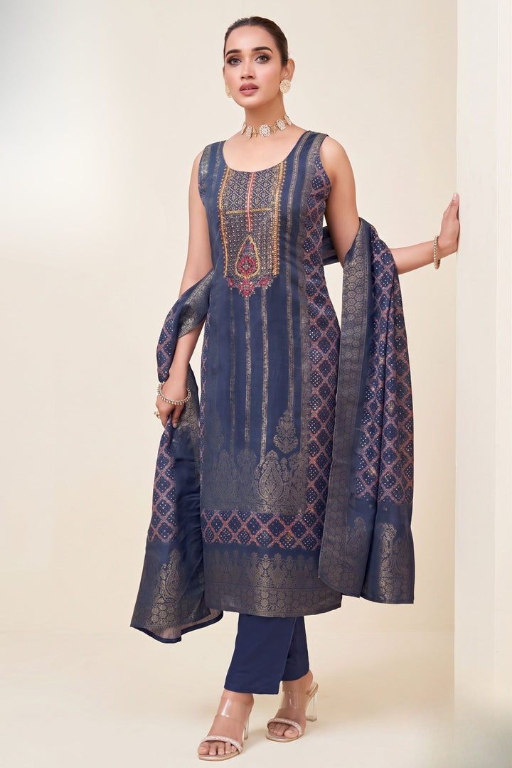 Blue Zardozi, Stone, Sequins and Banaras work Straight Cut Salwar Suit