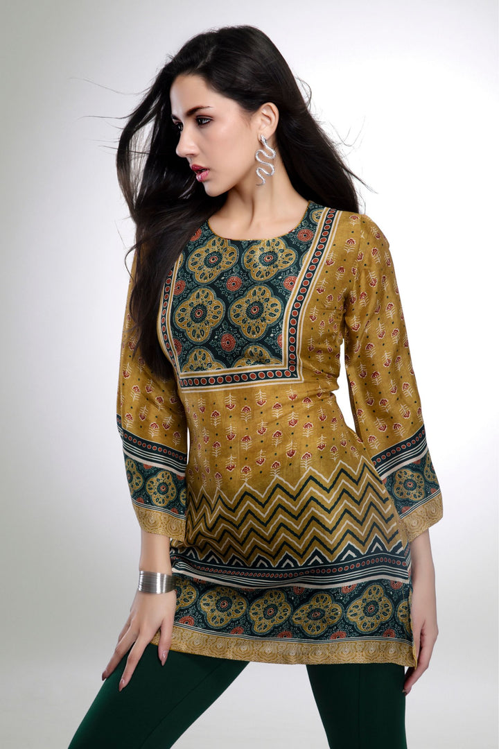 Mustard Multicolor Digital Print Short Kurti