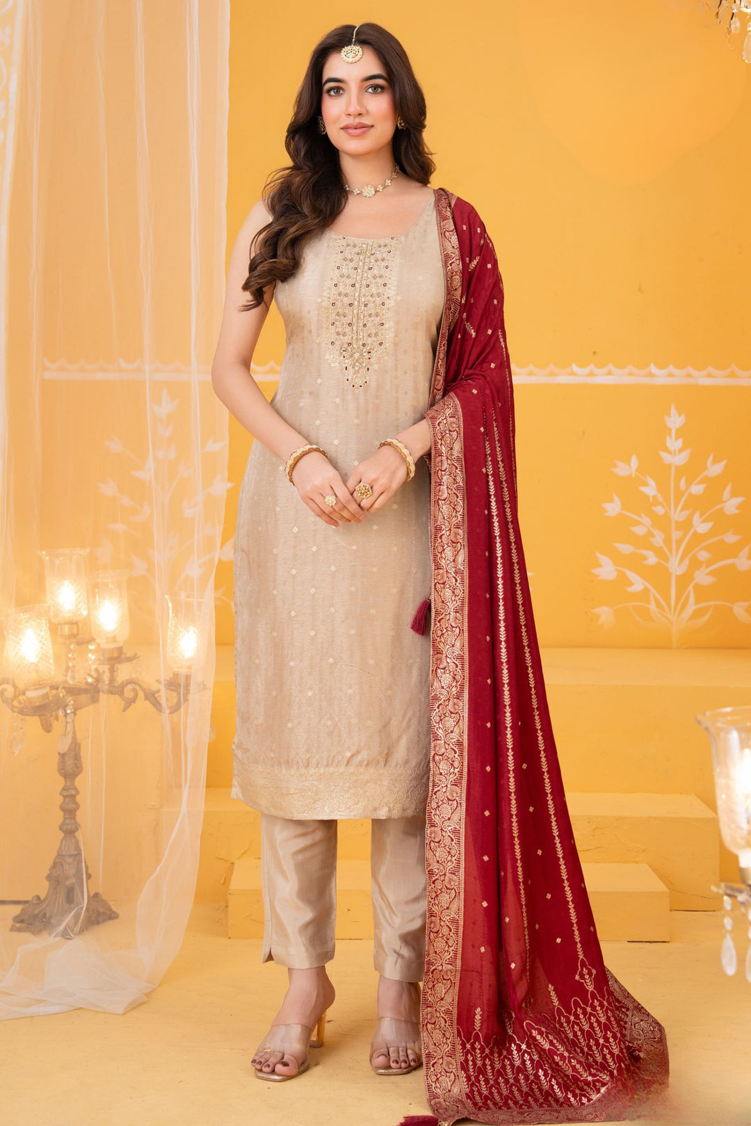 Beige Beads, Stone and Zardozi work Straight Cut Salwar Suit with Banaras work Dupatta