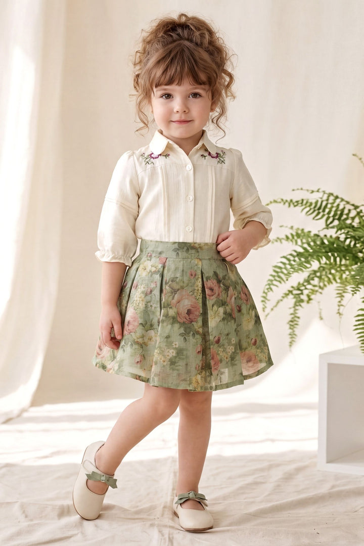 Green Floral Skirt and Beige Embroidered Shirt Set for Girls