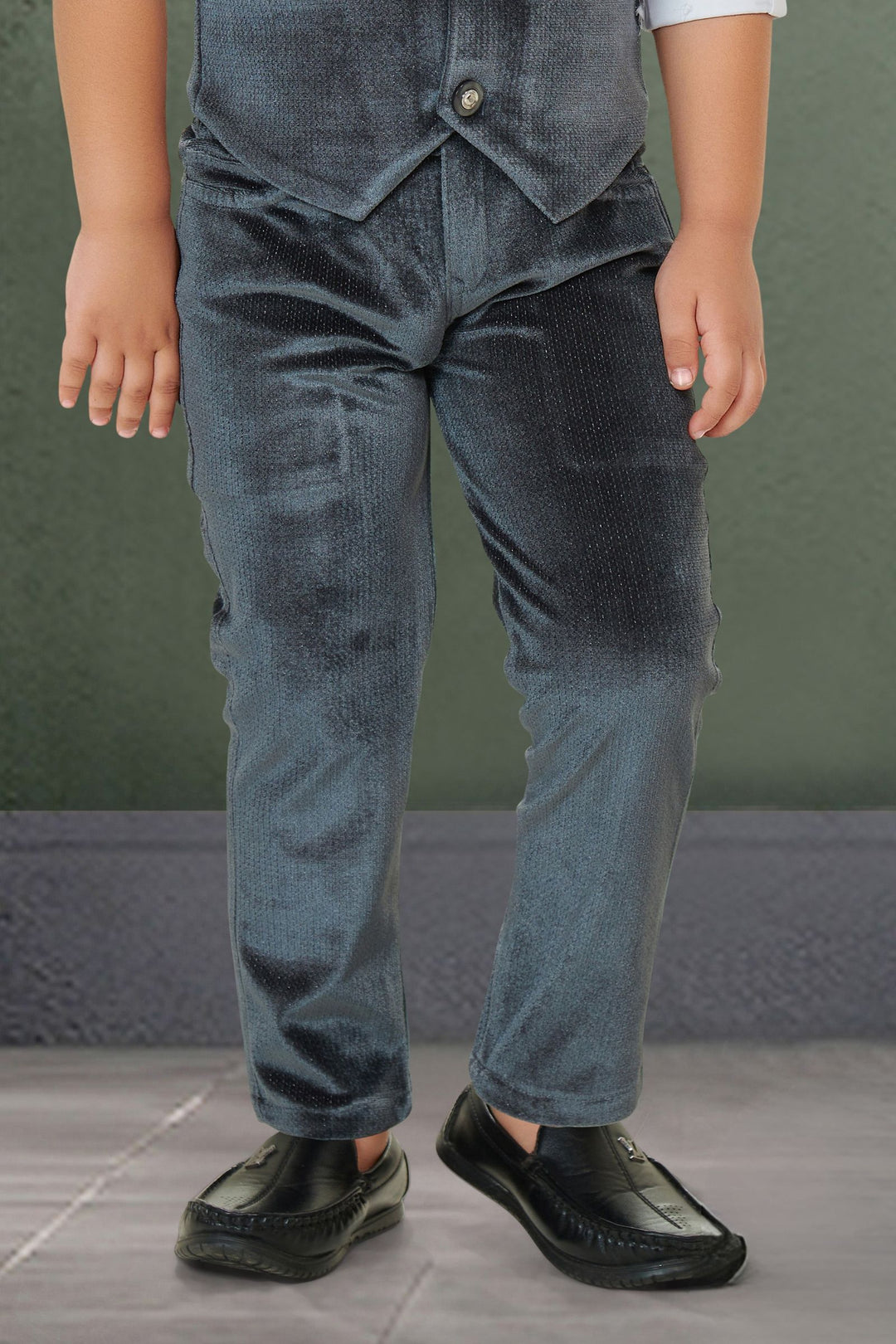 Grey with White Waist Coat, Shirt and Suspender Style Pant Set for Boys