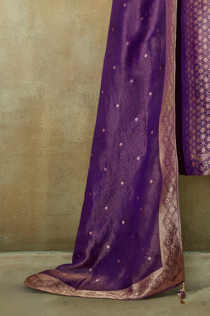 Purple Stone, Mirror, Zardozi, Thread and Brocade work Straight Cut Salwar Suit