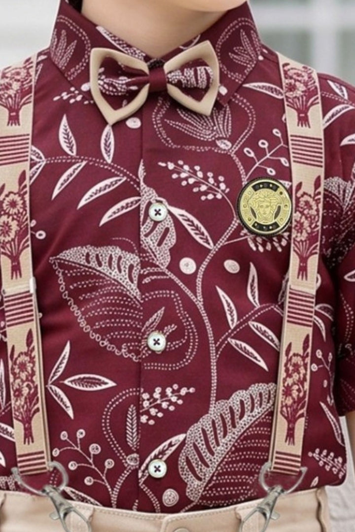 Maroon with Fawn Digital Print Suspender Style Pant Shirt Set for Boys