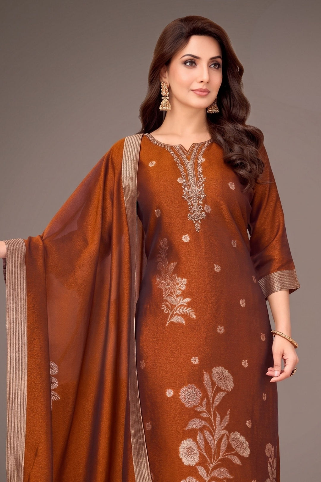 Rust Brocade, Mirror, Beads and Sequins work Straight Cut Salwar Suit