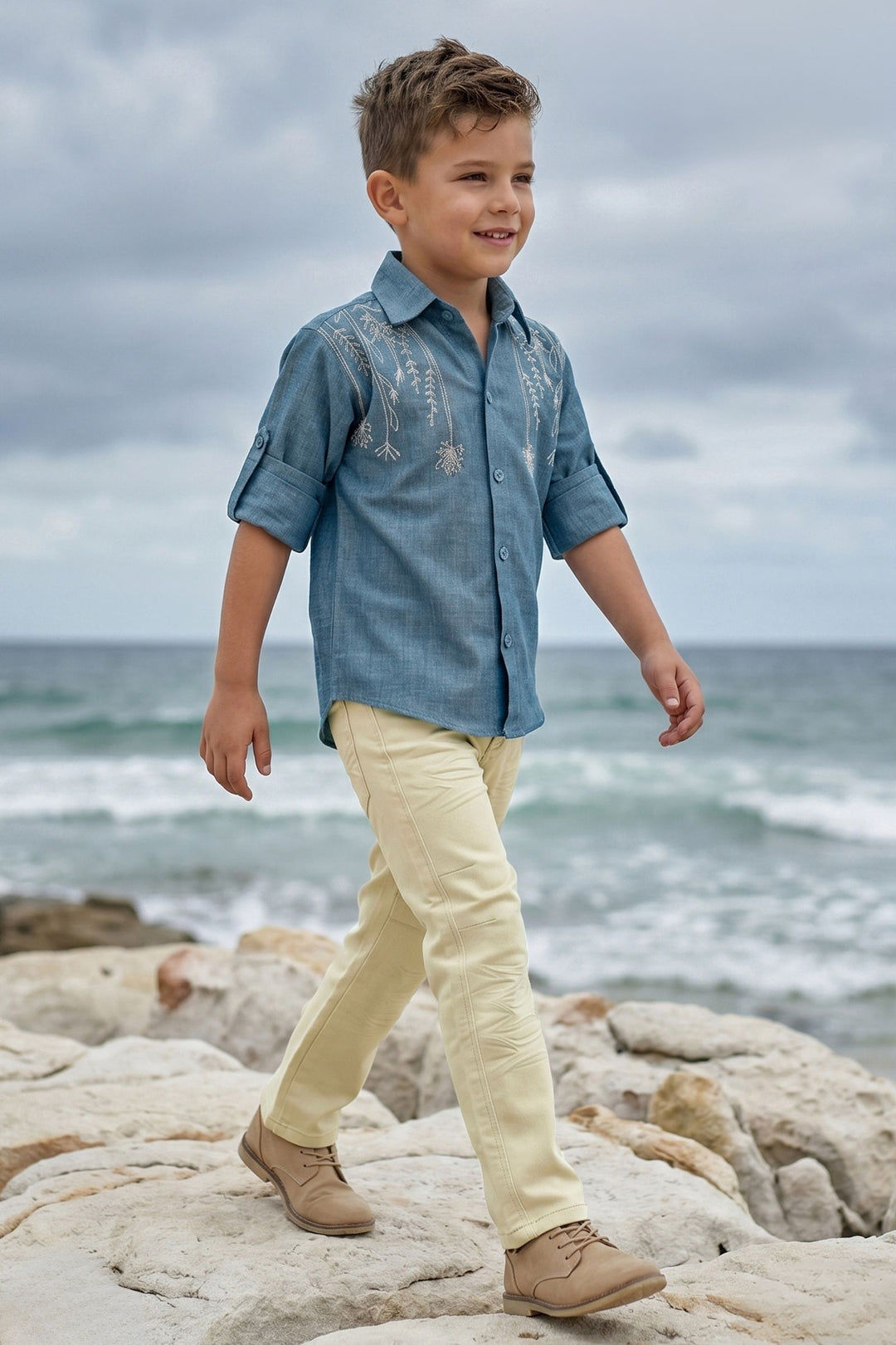 Blue Thread work Shirt and Beige Pant Set for Boys