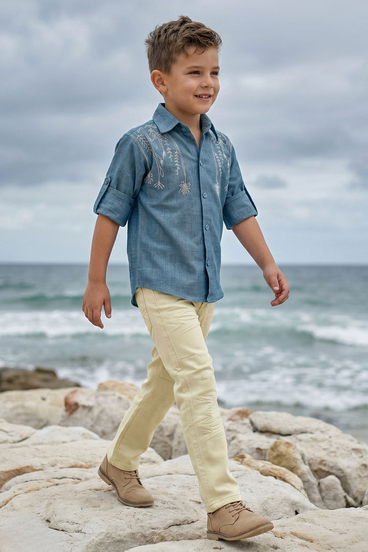 Blue Thread work Shirt and Beige Pant Set for Boys
