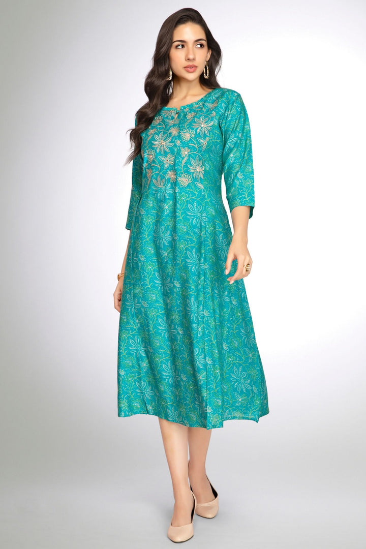 Sky Blue Mirror and Thread work with Digital Print A-Line Cut Calf Length Kurti