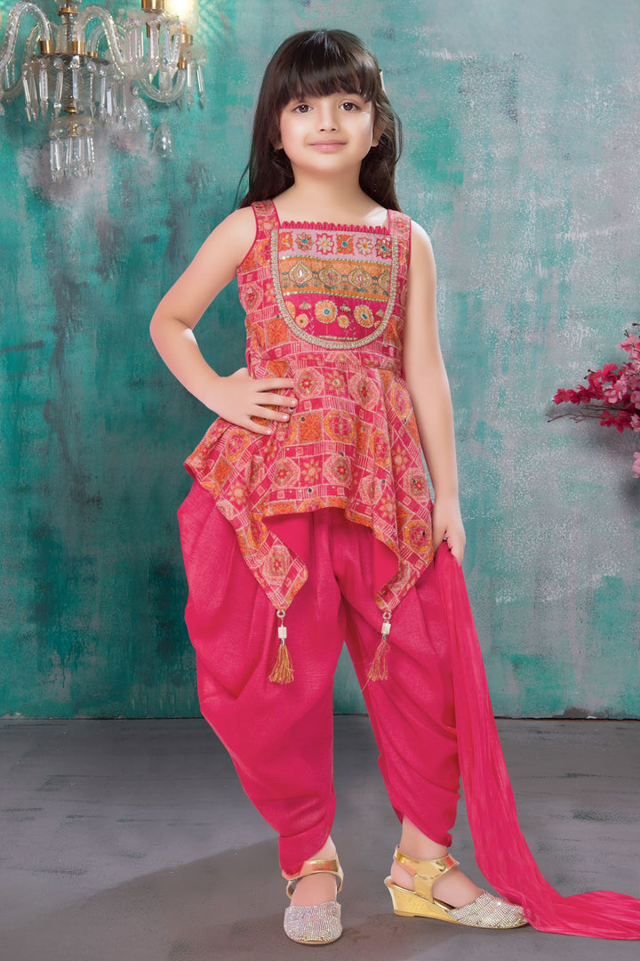 Tomato with Orange Beads, Sequins, Mirror and Zari work Dhoti Style Peplum Kurti for Girls