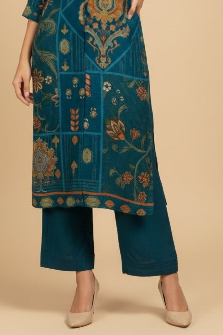 Peacock Blue Beads work with Digital Print Straight Cut Salwar Suit