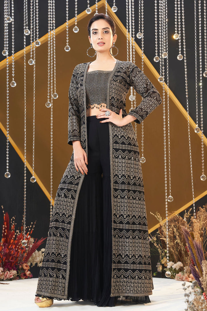 Black Sequins, Zari and Beads work Crop Top with Long Over Coat Palazzo Set