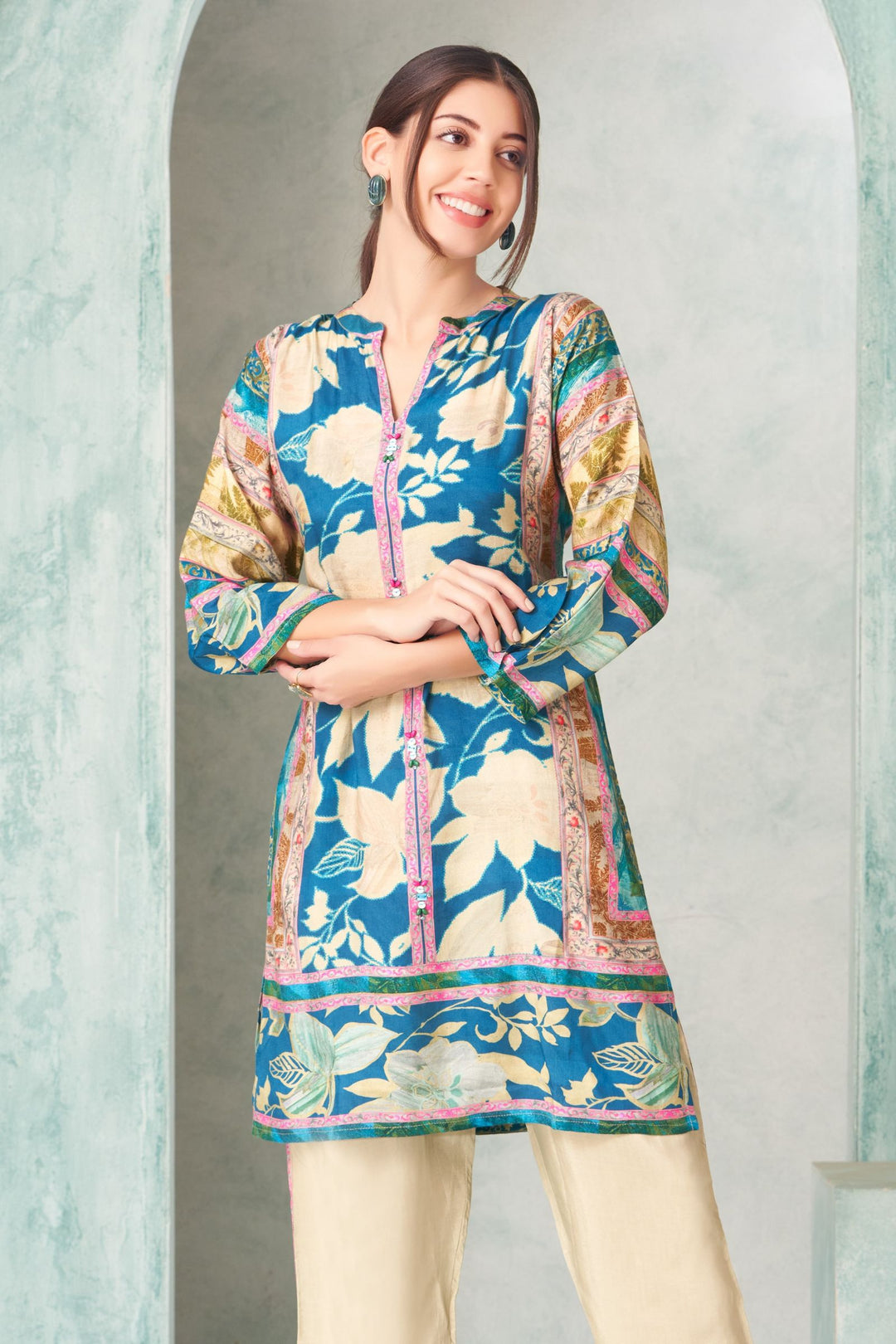 Blue with Beige Digital Print and Sequins work Cord Set