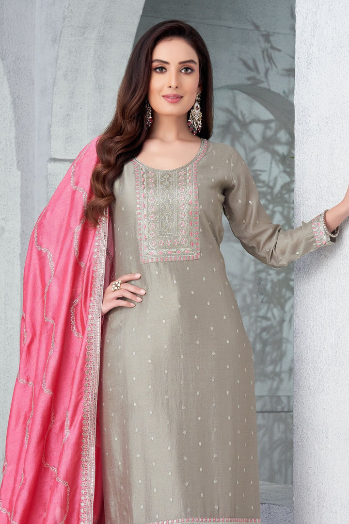 Grey Thread, Zari and Sequins work Straight Cut Salwar Suit