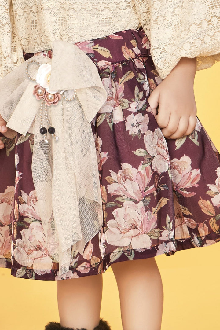 Cream with Wine Floral Print Top and Skirt for Girls