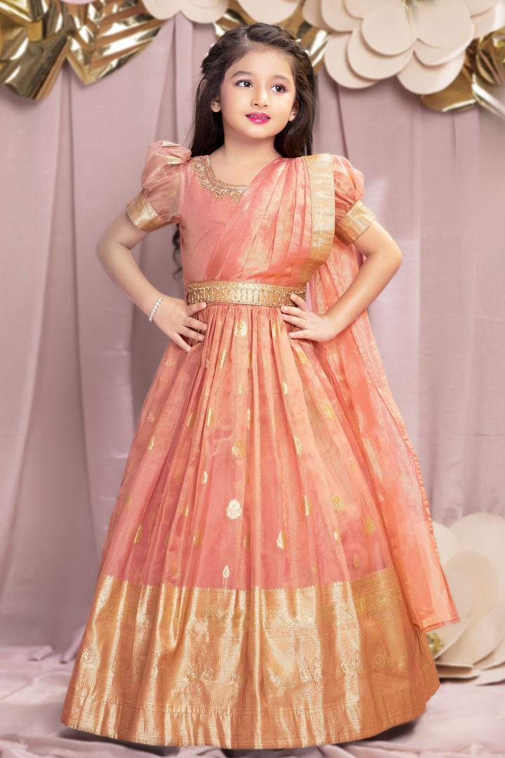 Onion Pink Zari, Zardozi, Sequins, Stone and Thread work Long Party Gown for Girls